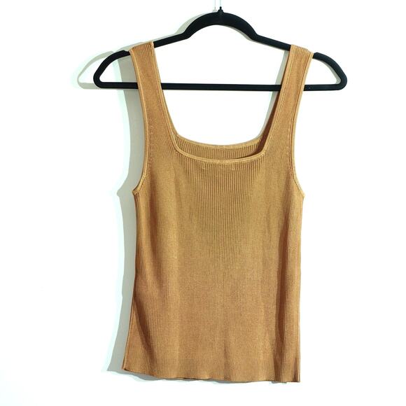 NWT Madewell Brown Tan Shimmery Square Neck Stretchy Ribbed Tank Size Medium - Picture 2 of 6